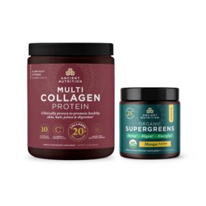 Ancient Nutrition conjunto de colágeno y supergreens packaging frontal