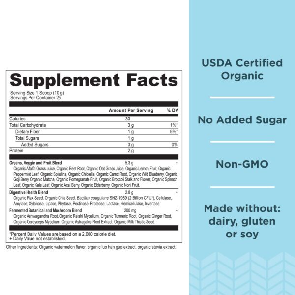 Detalle del bote de Ancient Nutrition SuperGreens con ingredientes naturales