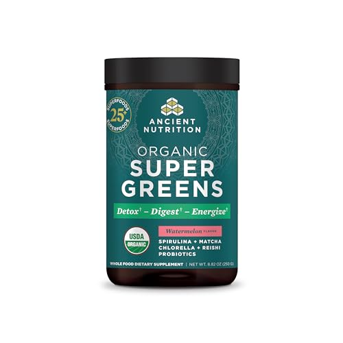 Ancient Nutrition SuperGreens polvo en bote con probióticos sabor sandía