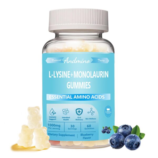 Version 1.0.0 Etiqueta frontal de Andmino L-Lisina + Monolaurina gummies