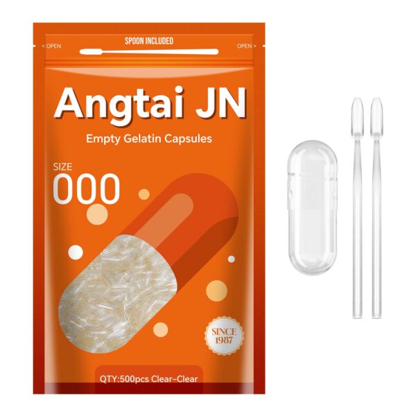 Cápsulas gelatinosas vacías Angtai JN frente a fondo blanco