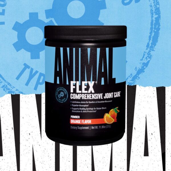 Frasco de Animal Flex Powder con etiqueta naranja
