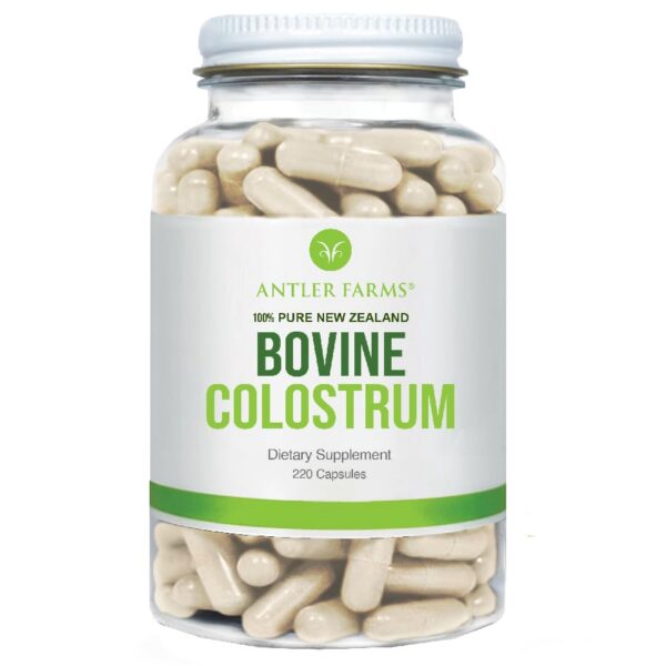 Frente del frasco Antler Farms Colostro Bovino NZ 220 cápsulas 600 mg