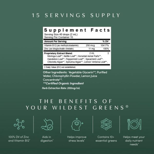 Tintura superalimento Your Wildest Greens mostrando ingredientes