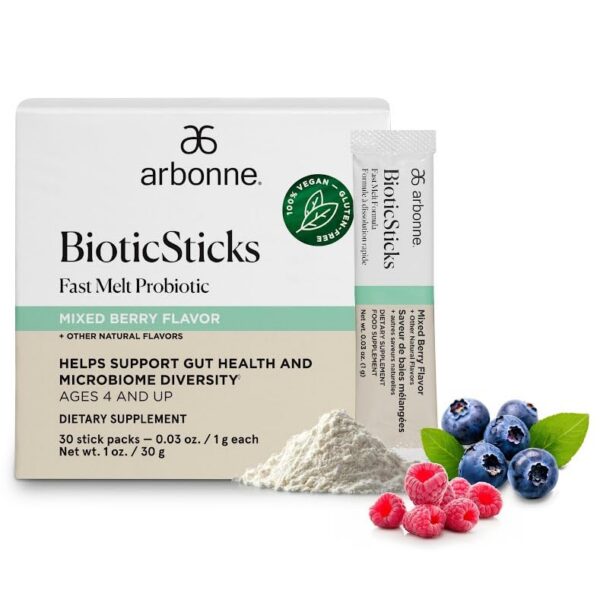 Paquete de Arbonne BioticSticks probiótico rápido sabor frutos del bosque