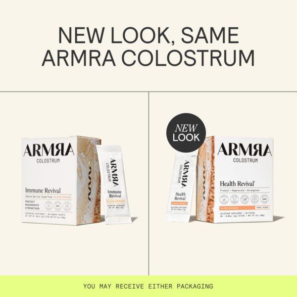 Version 1.0.0 Etiqueta de ARMRA Colostrum en polvo sabor naranja