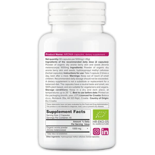 Version 1.0.0 Etiqueta frontal del suplemento de aronia orgánica