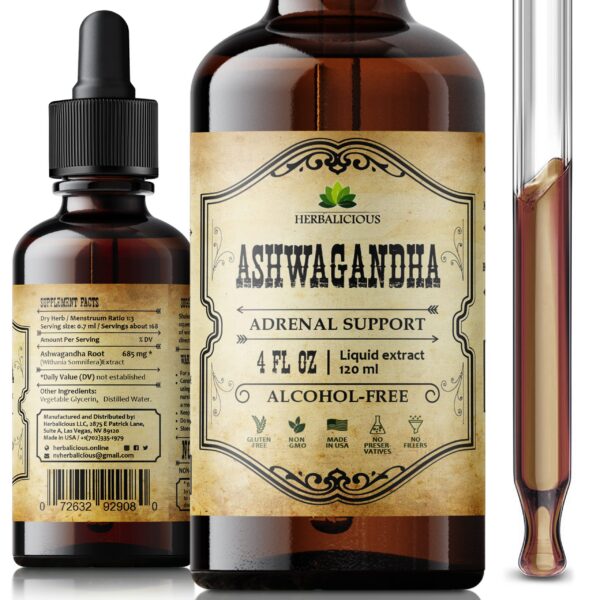 Ashwagandha gotas frasco y etiqueta frontal