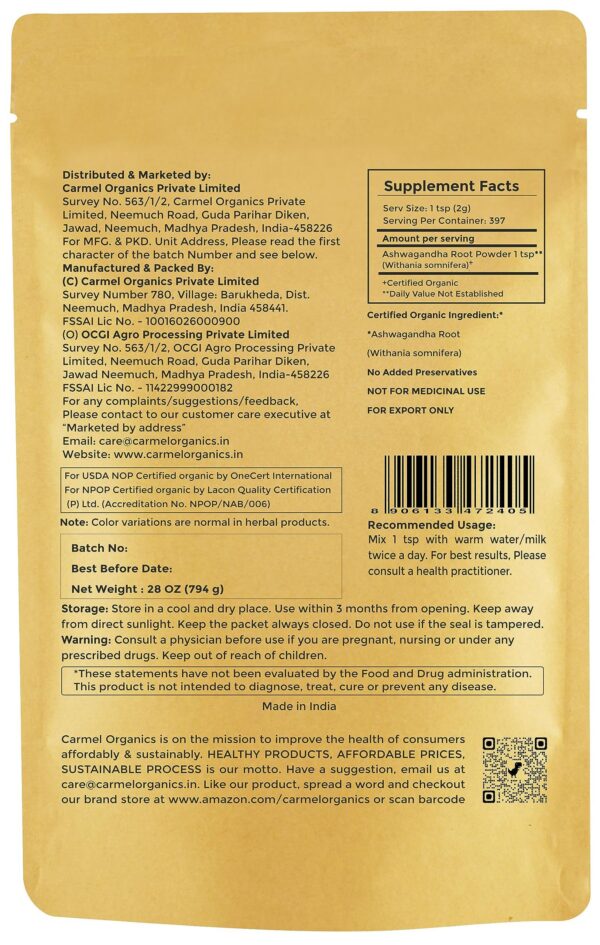 Version 1.0.0 Ashwagandha polvo certificado USDA Carmel Organics