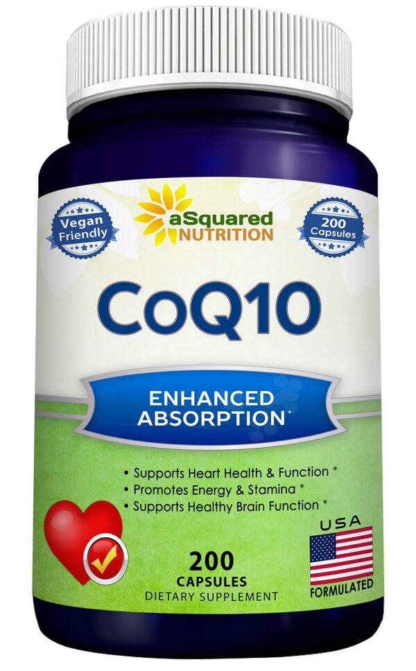 Frasco de cápsulas aSquared Nutrition CoQ10 400mg para energía y corazón