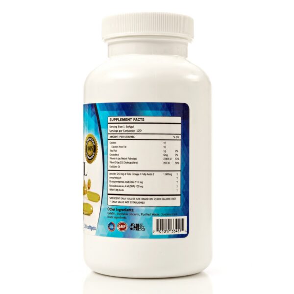 Frasco de aceite de hígado de bacalao cápsulas