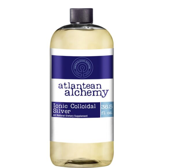 Frente de la botella Atlantean Alchemy Plata Coloidal Ionica