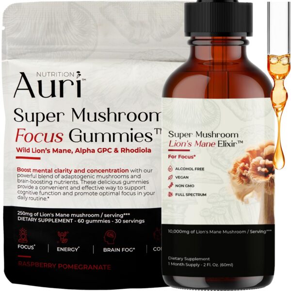 Version 1.0.0 Auri Focus Gummies y Brain Boost Elixir Bundle mostrados juntos