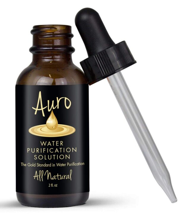 Auro Gold Gotas minerales para agua, frente de la botella