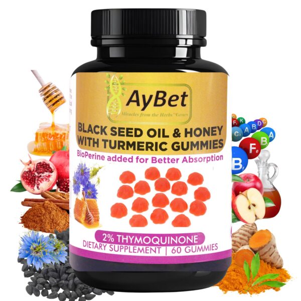 Paquete AyBet gomitas aceite semilla negra miel cúrcuma 60 unidades