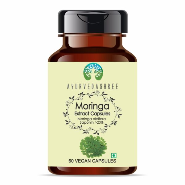 Botella cápsulas vegetarianas AYURVEDASHREE extracto de moringa 500mg