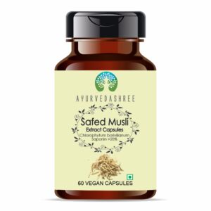 Frasco de AYURVEDASHREE con 60 cápsulas vegetarianas de extracto Safed Musli