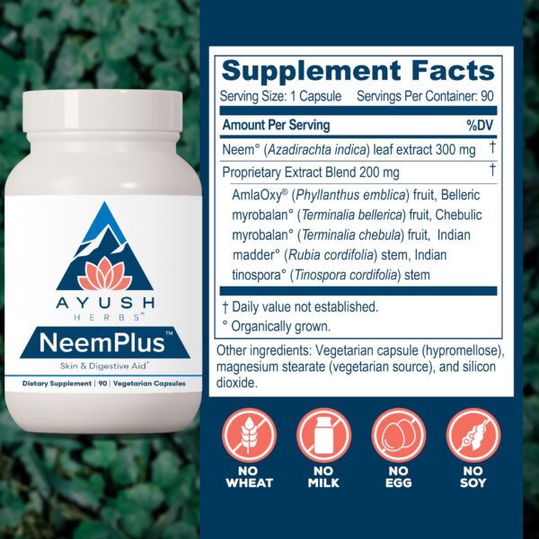 Version 1.0.0 Ayush Herbs Neem Plus cápsulas para salud digestiva y piel