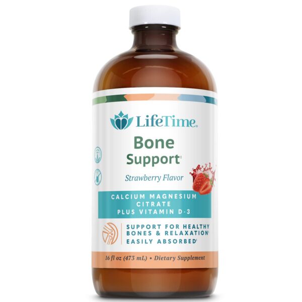 Botella de Lifetime Bone Support con etiqueta