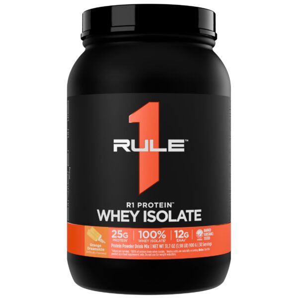 Version 1.0.0 Rule 1 R1 Whey Isolate 2 lb orange label front