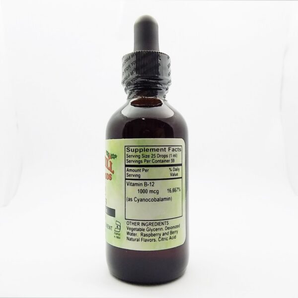 B-12 frambuesa 2 oz envase lateral Holly Hill Health Foods