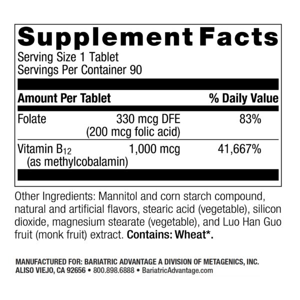 B12 speedymelts Bariatric Advantage con acido folico sabor menta