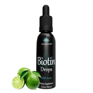 Botella de gotas de biotina Balanced Health 120 porciones.