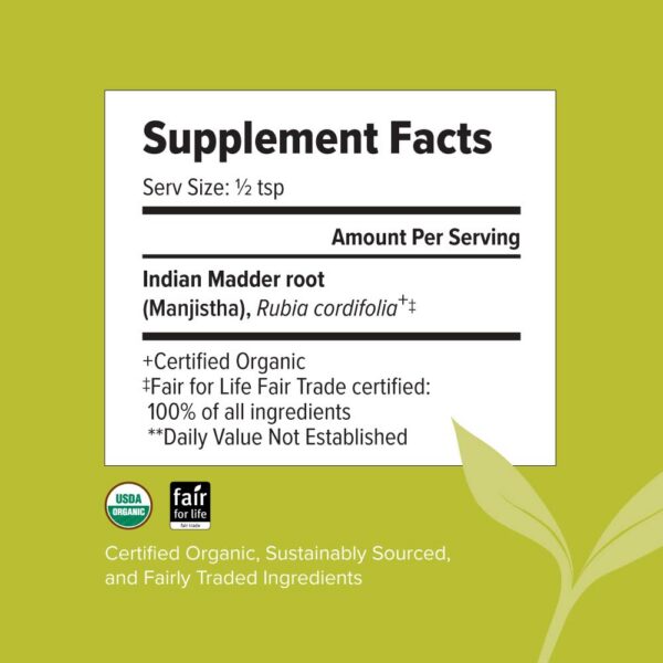 Version 1.0.0 Detalle empaque Banyan Botanicals Manjistha polvo Ayurvédico