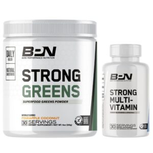 Version 1.0.0 Frente de Bare Performance Nutrition Strong Greens y Strong Multi-Vitamin