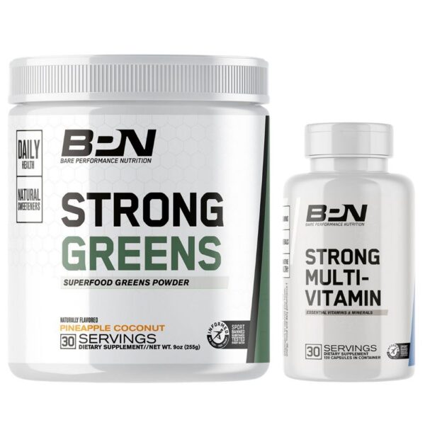 Version 1.0.0 Frente de Bare Performance Nutrition Strong Greens y Strong Multi-Vitamin