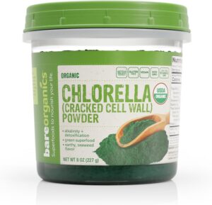 Polvo de chlorella BareOrganics envase frontal de 8 onzas