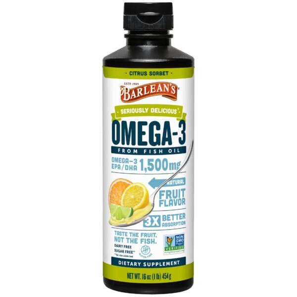 Frasco delantero de Barlean's Omega-3 Fish Oil líquido