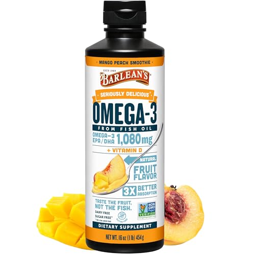 Version 1.0.0 Barlean's Omega 3 Mango Peach botella frontal