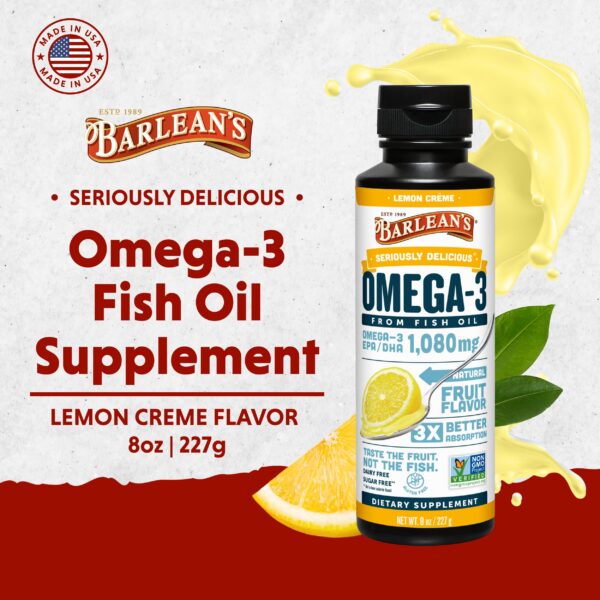 Etiqueta frontal de Barlean's Omega 3 con EPA y DHA