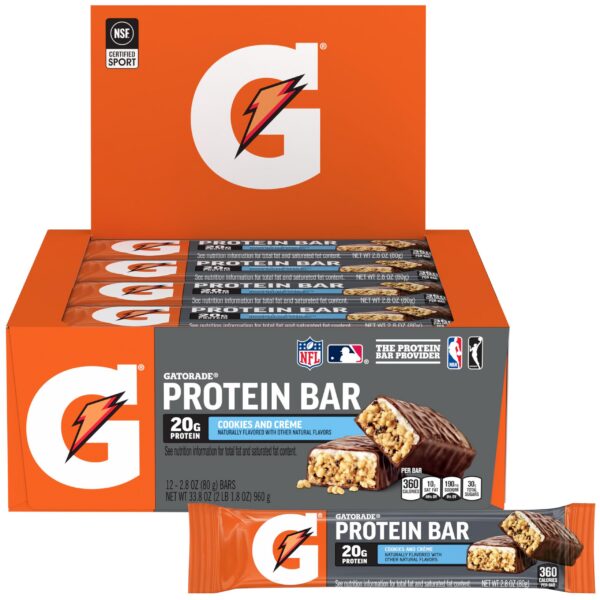 Version 1.0.0 Barra de proteína Gatorade Cookies & Creme empacada