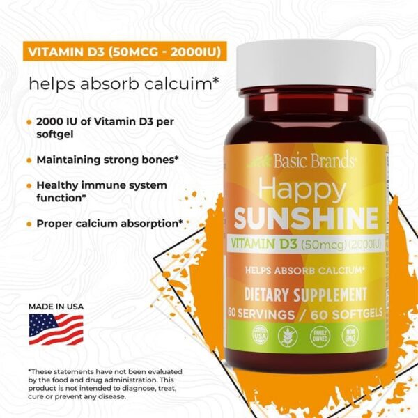 Frasco y etiqueta de Vitamina D3 Basic Brands