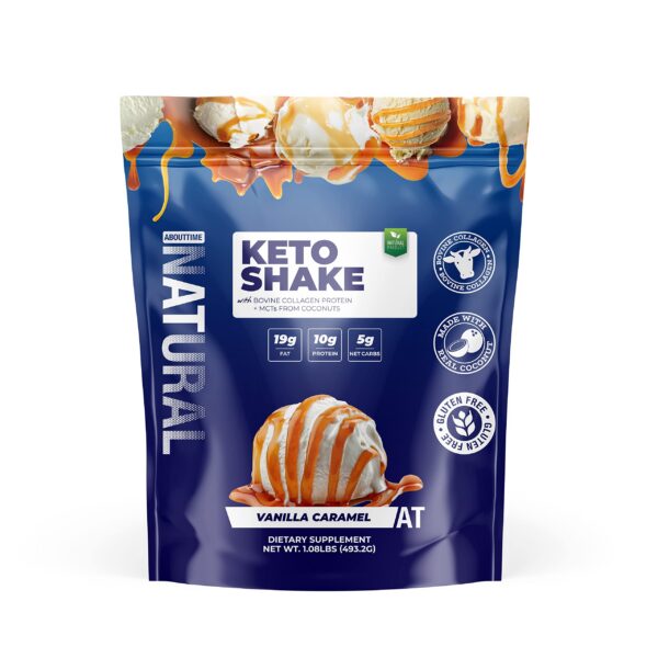 Envase del batido Keto About Time sabor vainilla caramelo