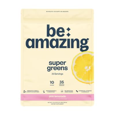 Polvo BE AMAZING Super Greens sabor Pink Lemonade en frasco