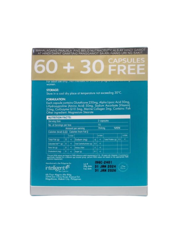 Etiqueta Belo Glutathione + Collagen detalle