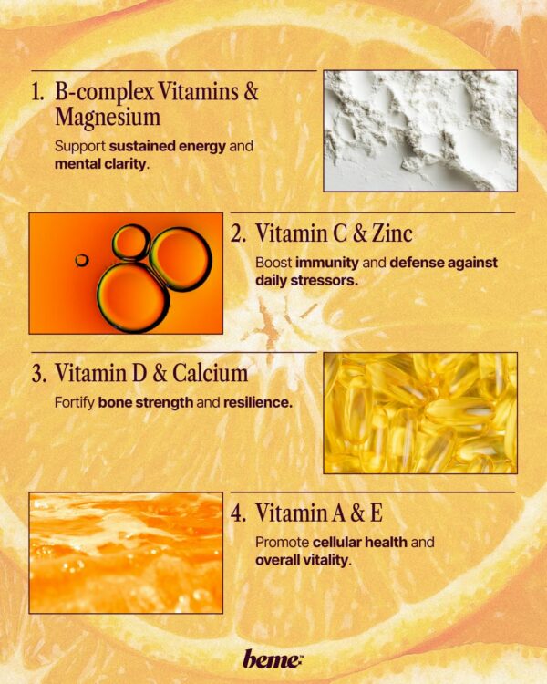 Diferentes paquetes individuales de multivitaminas líquidas BeMe para mujeres