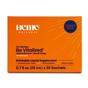 BeMe multivitamínico líquido para mujeres en presentación con sabor naranja