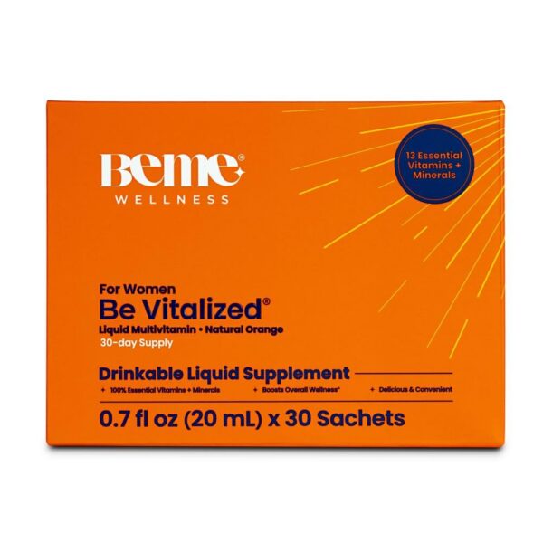 BeMe multivitamínico líquido para mujeres en presentación con sabor naranja