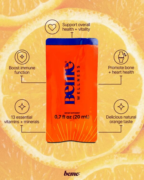 Producto BeMe multivitaminico liquido para mujeres botella y paquetes
