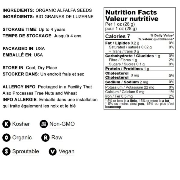 Semillas orgánicas de alfalfa en bolsa para germinar y consumir.