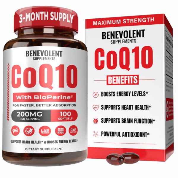 Frente de la botella Benevolent CoQ10 Bioperine