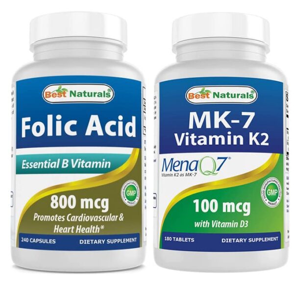 Frente del envase Best Naturals ácido fólico 800 mcg y K2 MK7