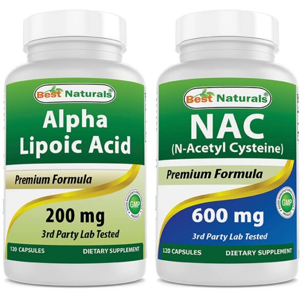 Frente de la botella Best Naturals Alfa Lipoico NAC 600 mg