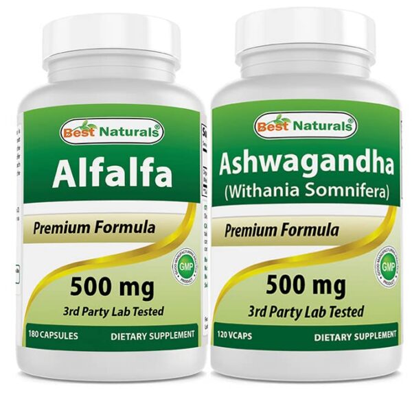 Frasco Best Naturals Alfalfa y Ashwagandha 500 mg suplemento