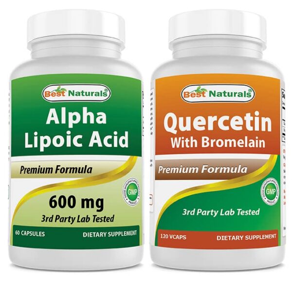 Frasco de Best Naturals Alpha Lipoic Acid 600 mg y quercetina