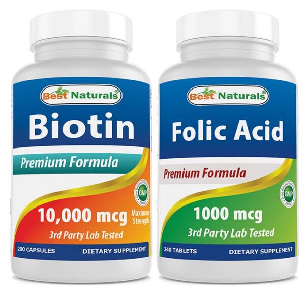 Frasco delantero de Biotina 10000 mcg y ácido fólico